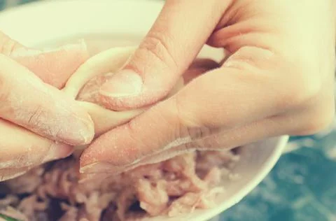 The process of making delicious home-made dumplings with meat. Stock Photos