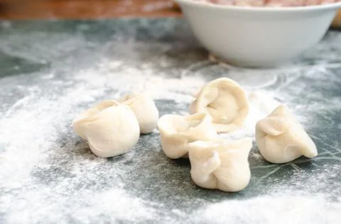 The process of making delicious home-made dumplings with meat. Stock Photos