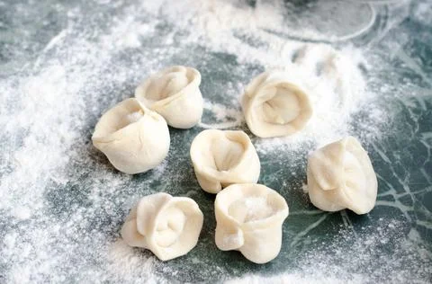 The process of making delicious home-made dumplings with meat. Stock Photos