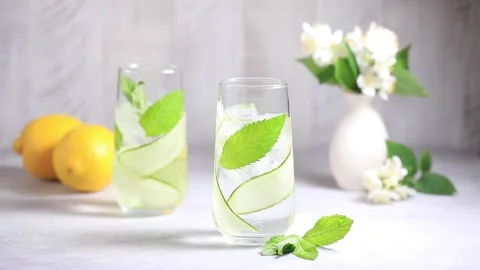 The process of making detox water with cucumber, mint and lemon juice. Stock Footage 155774591
