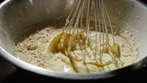 The process of making dough from flour, milk and chicken eggs. The whisk whips Stock Footage 264417239