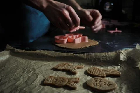 The process of making Easter cookies with stamp. Bunnies and eggs close-up .. Stock Photos