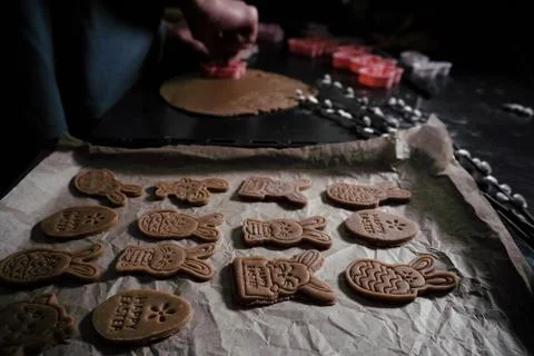 Process of making Easter cookies with stamp. Bunnies and eggs close-up on bak Stock Photos