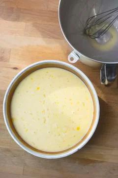 Process of making an egg flan dessert for baking Stock Photos