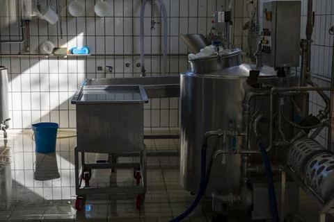 Process of making fresh white soft ricotta whey cheese on small cheese farm i Stock Photos