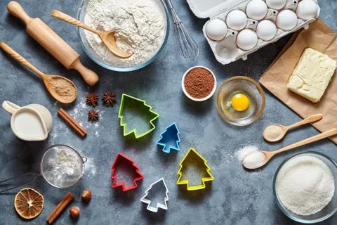 The process of making gingerbread Christmas tree cookies. Bake sweet cake Stock Photos