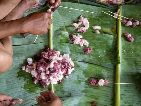 The process of making goat satay. Selective popular culinary destinations Stock Photos