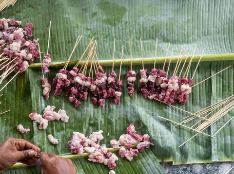 The process of making goat satay. Selective popular culinary destinations Stock Photos