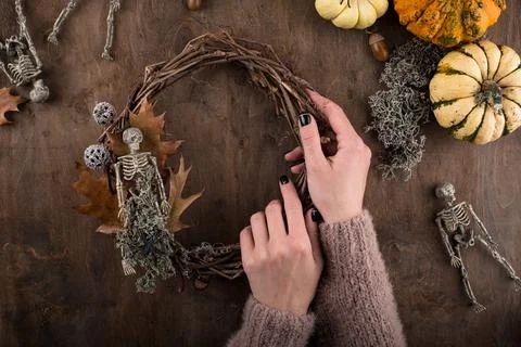Process of making Halloween wreath. Stock Photos