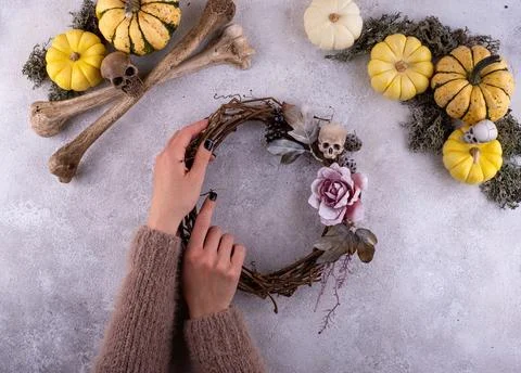 Process of making Halloween wreath. Stock Photos