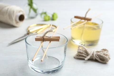 Process of making homemade candle on table Stock Photos