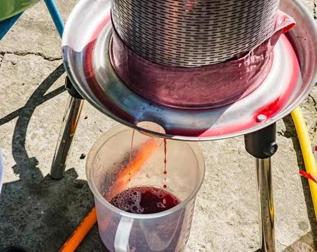 The process of making homemade grape wine. The operation of a hydraulic pre.. Stock Photos