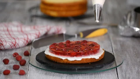 Process of making homemade raspberry cake. Stock Footage 121807663