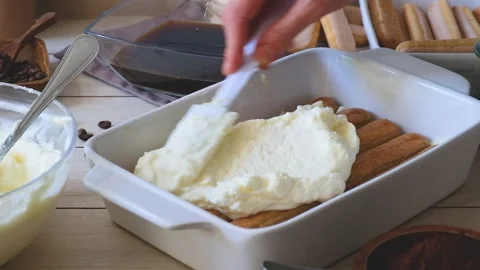 The process of making italian tiramisu cake Stock Footage 235060725