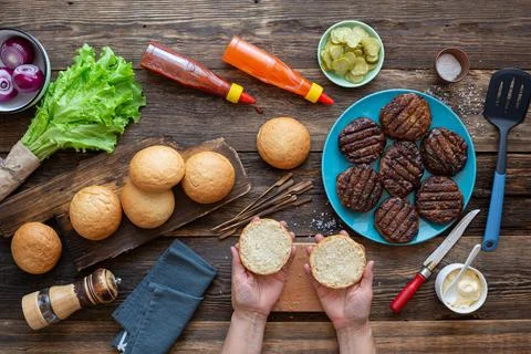 Process of making a juicy burger 写真素材