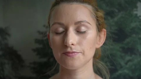 Process of making makeup. Make-up artist applied with brush on model face.  Stock Footage 134489568