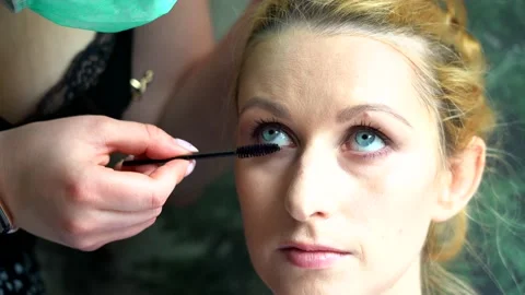 Process of making makeup. Make-up artist applied with brush on model face. Stock Footage 138076646