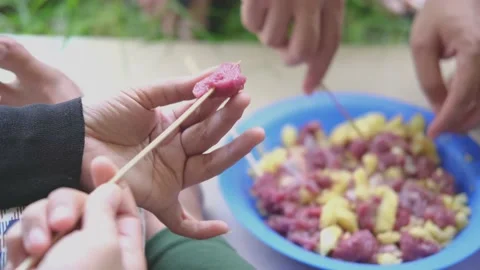Process of making meat satay, traditional Indonesian food. close up. 스톡 동영상 201183065