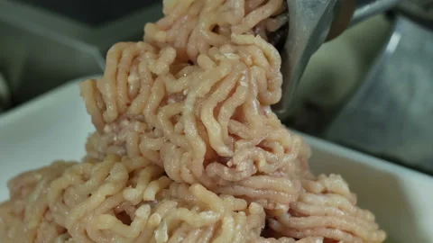 The process of making minced meat with poultry meat in a pan, meat grinder Stock Footage 100558187