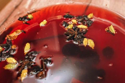 The process of making mulled wine at home in the kitchen. example of how a ho Stock Photos