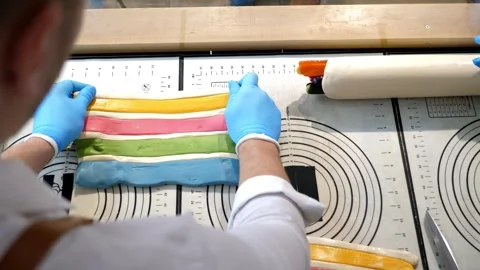 The process of making multi-colored lollipops in a confectionery kitchen. Stock Footage 332411326