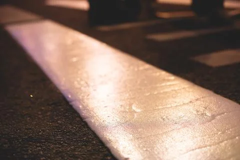 Process of making new road surface markings with line striping machine, wor.. Stock Photos