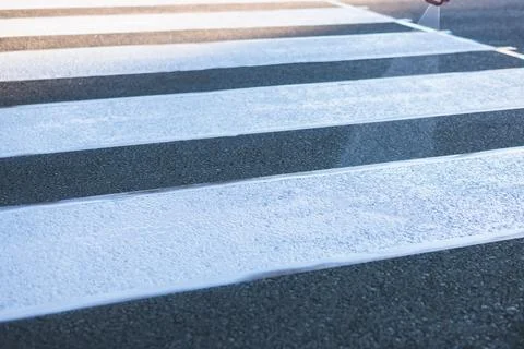 Process of making new road surface markings with a line striping machine, w.. Stock Photos