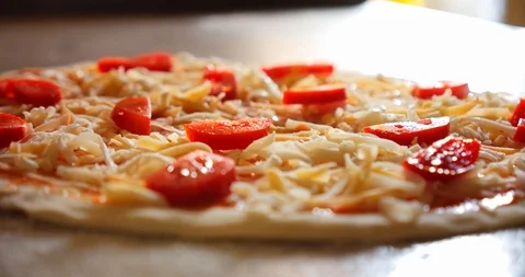 The process of making original Italian raw pizza, preparation in traditional Stock Footage 116318759