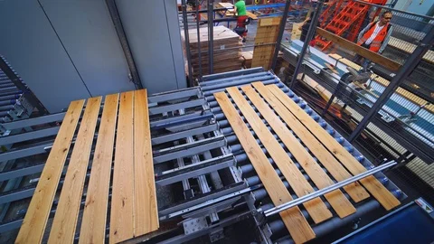 Process of making parquet boards indoors. Modern industrial factory  Stock Footage 122680670