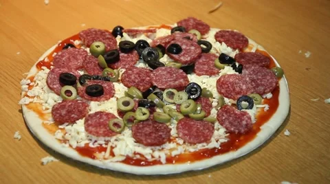 The process of making a pizza with salami and onions Video stock 58638620