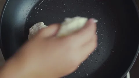 Process of making ricotta cottage cheese thick pancakes , frying pan, close up Video stock 138463482
