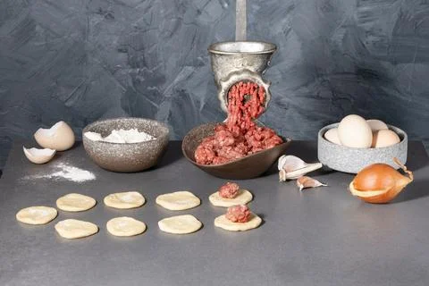 The process of making russian meat dumplings Stock Photos
