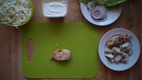 The process of making shawarma with female hands on a wooden table, top view. Stock Footage 104725754