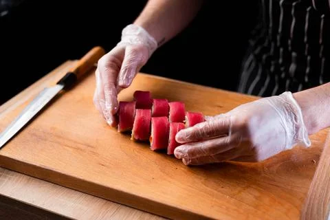 The process of making sushi by the chef 스톡 사진