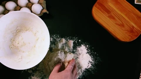 Process of making syrniki. Step 6 - roll out finished curd dough. Top view Stock Footage 311190277