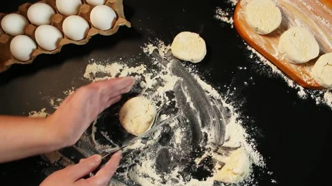 Process of making syrniki. Step 9 - form round syrniki from curd dough Stock Footage 311447459