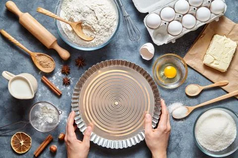 The process of making tart pie dough by hand. Baking cake in kitchen. Top view Stock Photos