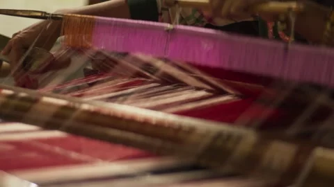 Process of making traditional silk weaving fabric Stock-Footage 345860169