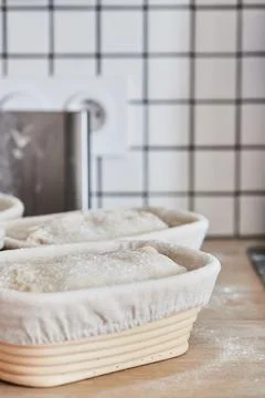 Process of making wheat bread at home. Proofing of Stock Photos