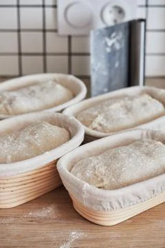 Process of making wheat bread at home. Proofing of Stock Photos