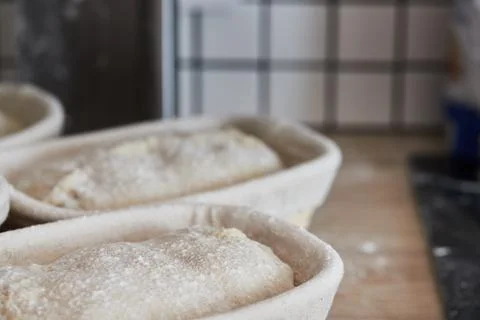 Process of making wheat bread at home. Proofing of Stock Photos