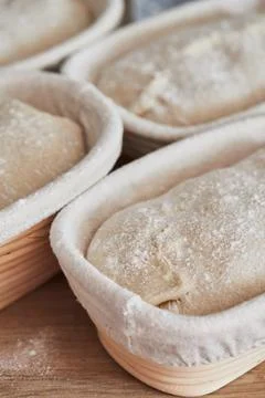 Process of making wheat bread at home. Proofing of Stock Photos