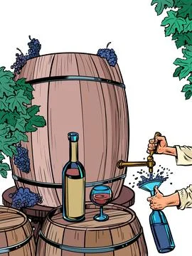 The process of making wine and drinking it. A man pours a bottle of liquid from Stock-Illustration