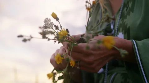 Process of making wreath of wild plants. Tender woman hands. Close up. Stock Footage 220556295