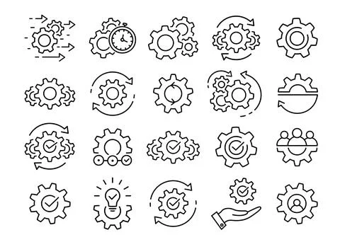 Process management icon set Gears and cogs symbols Stockillustratie