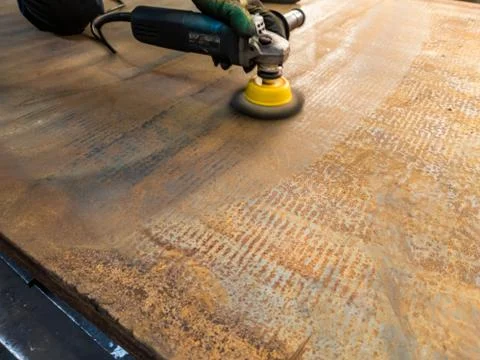 A process of manual cleaning of rusted sheet metal with steel brush on angle Stock Photos