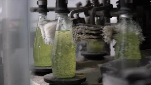 The process of manufacturing line production of juice bottling on conveyor li Stock Footage 142701398