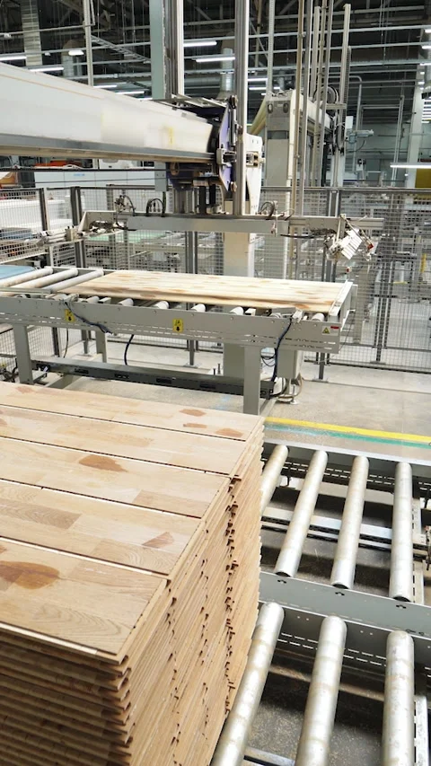Process of manufacturing of wooden boards. Stock Footage 293301226