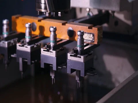 Process of measuring of a metal part by a sensor. Сlose-up. 4k footage. Stock Footage