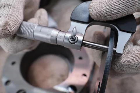 The process of measuring the ring of a large diesel engine in a machine-build Stock Photos